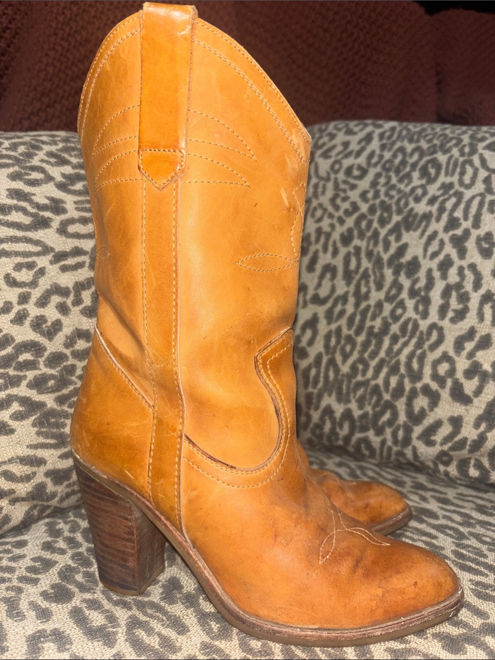 Tomis vintage heeled cowboy boots camel brown leather high heel western boots 9
